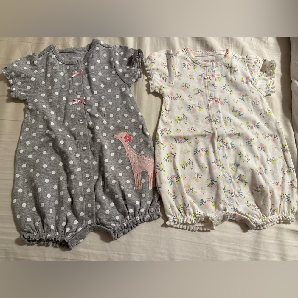 Gray Polka Dot & White Floral Baby Rompers - Pack of 2